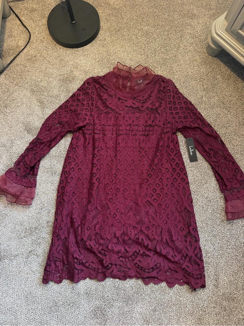 Lulu's Wine Lace High-Neck Long Sleeve Mini Dress